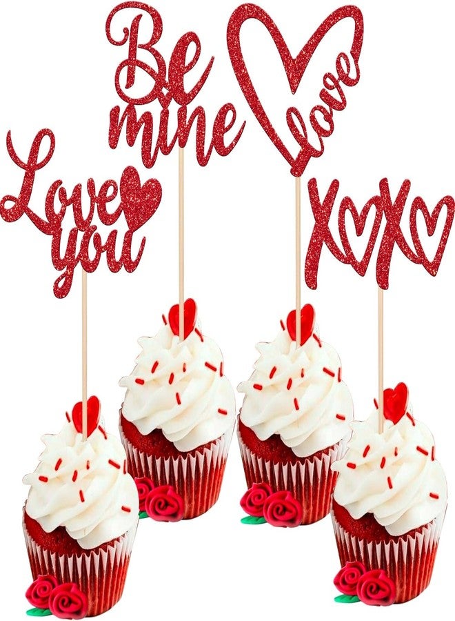 Confetti! 24 Pack Glitter Valentine's Day Cupcake Toppers, Romantic Be Mine, XOXO, Love You Picks for Weddings, Bridal Showers, Birthdays, and Parties - Perfect Cake Decorations - Image 1